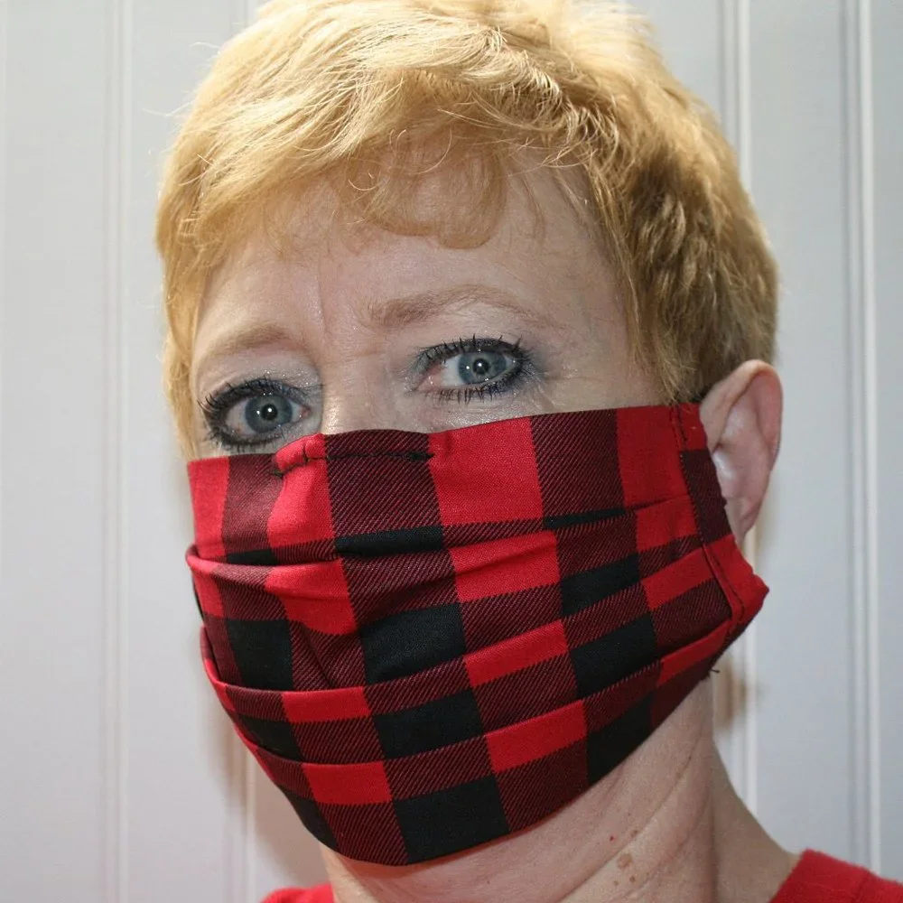 HAND CRAFTED Face Mask Plaid Red Black Buffalo Adult Cloth Fabric Print - Pocket